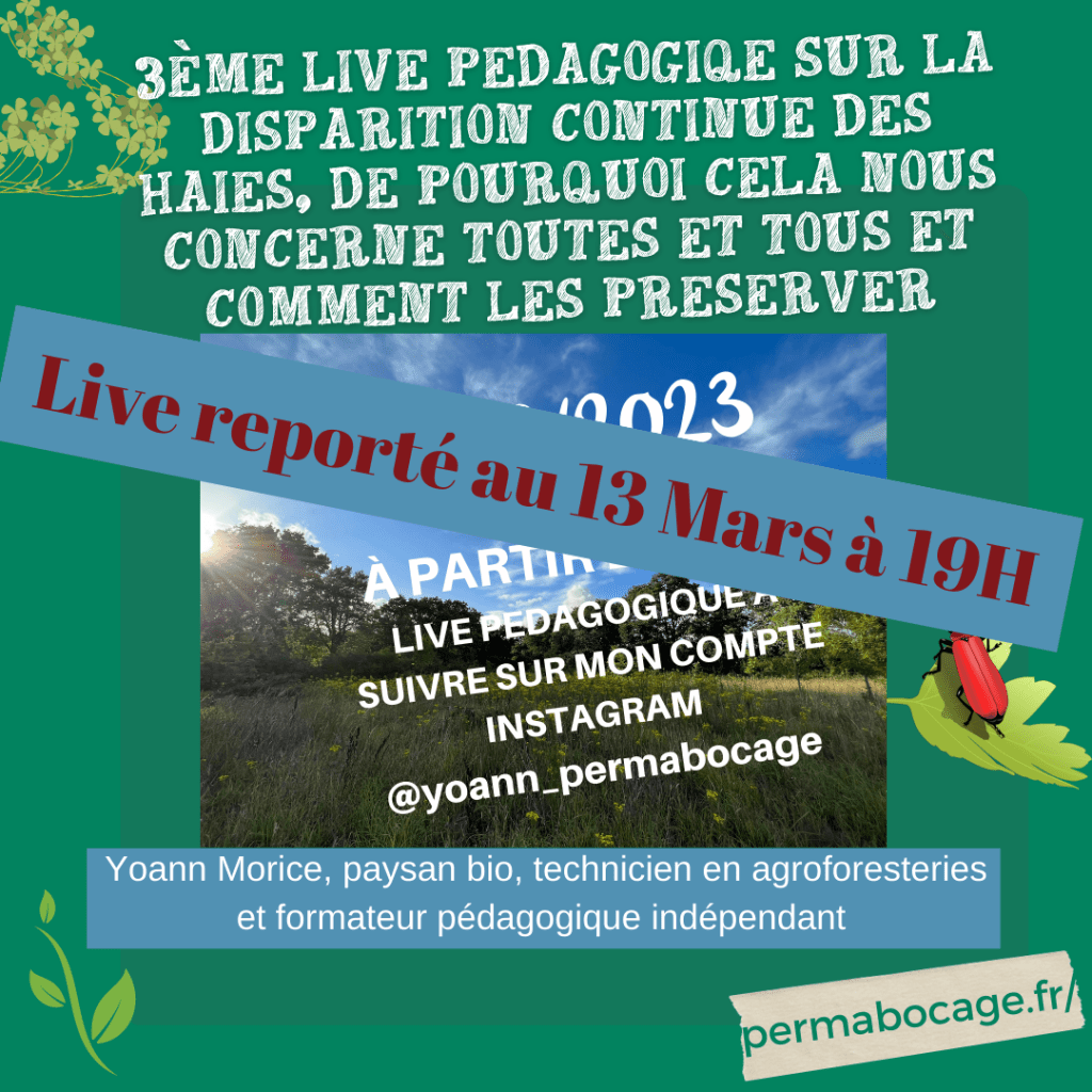 Live pédagogique lundi 13 Mars à 19h sur la disparition continue des haies, l&rsquo;importance des les préserver et comment le&nbsp;faire